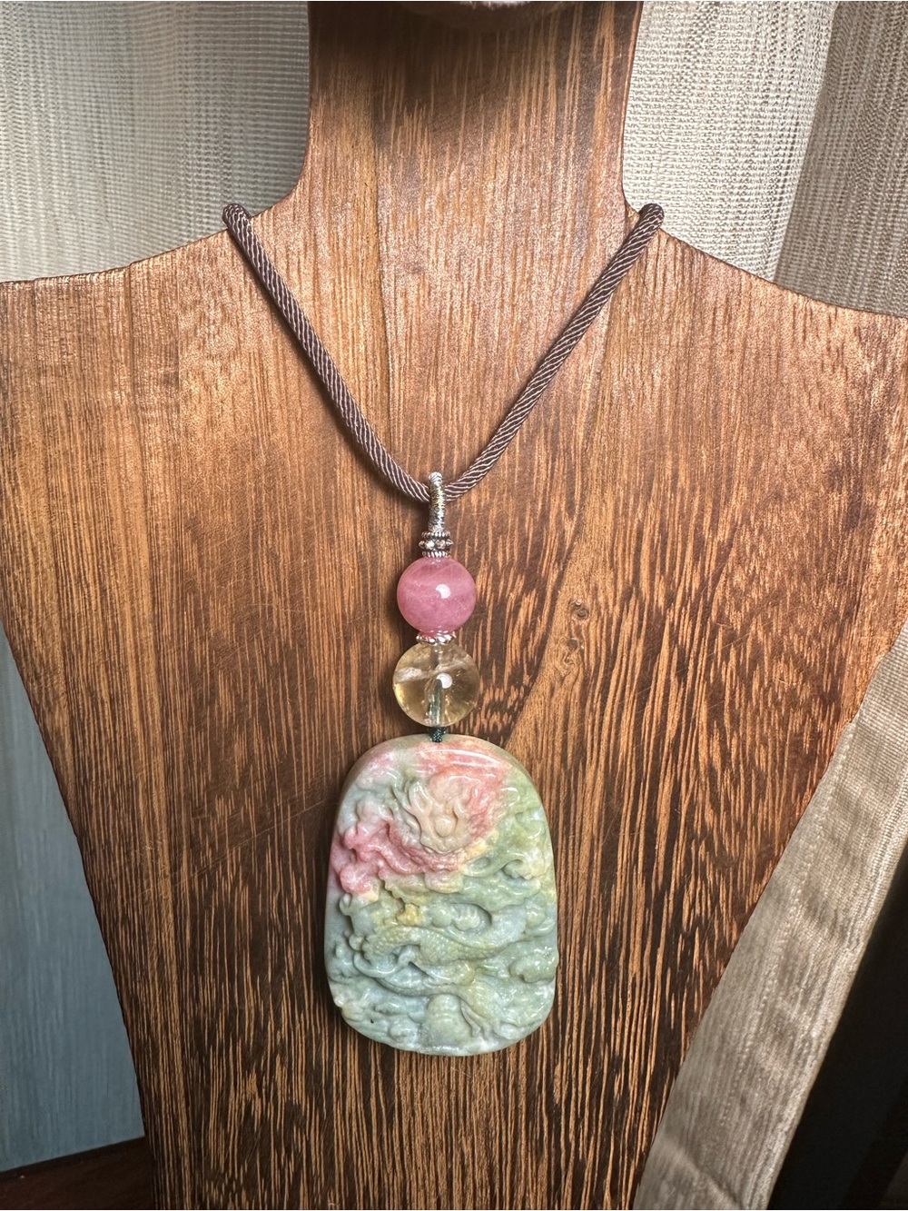 Ocean Jasper Dragon Pendant Necklace with Citrine and Rose Quartz on Brown Rope - Picture 2 of 16